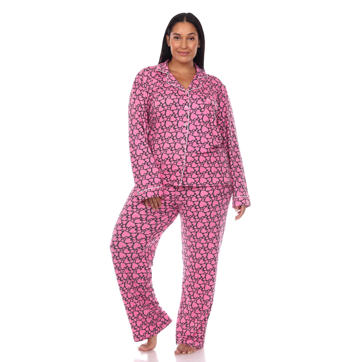  White Mark Plus Size Long Sleeve Heart Print Pajama Set - 3X - Bonton