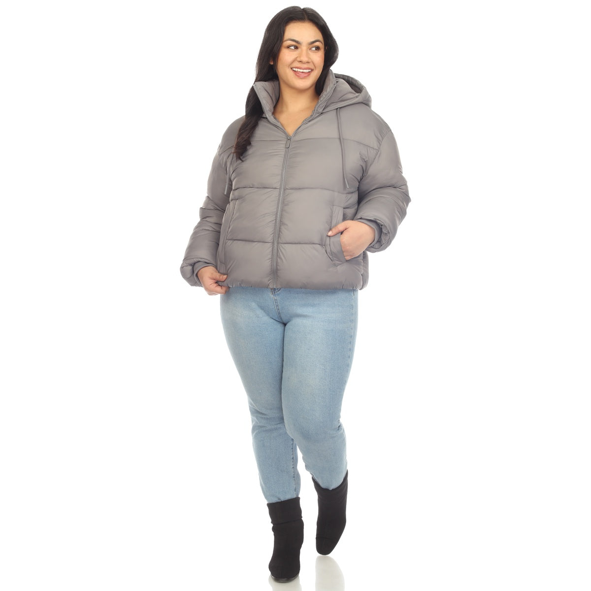  White Mark Plus Size Full Front Zip Hooded Bomber Puffer Coat - 1X - Bonton