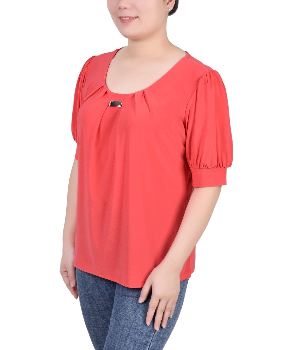  NY Collection Short Sleeve Balloon Sleeve Top With Hardware - Black - Bonton