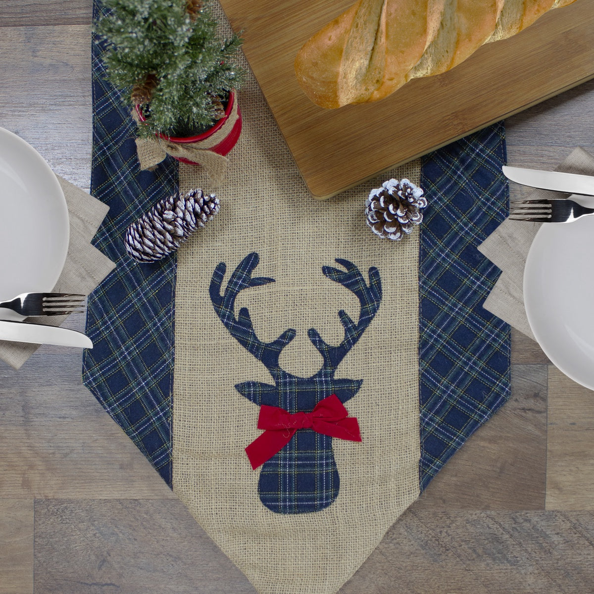  Northlight Burlap and Plaid Reindeer Christmas Runner - 80