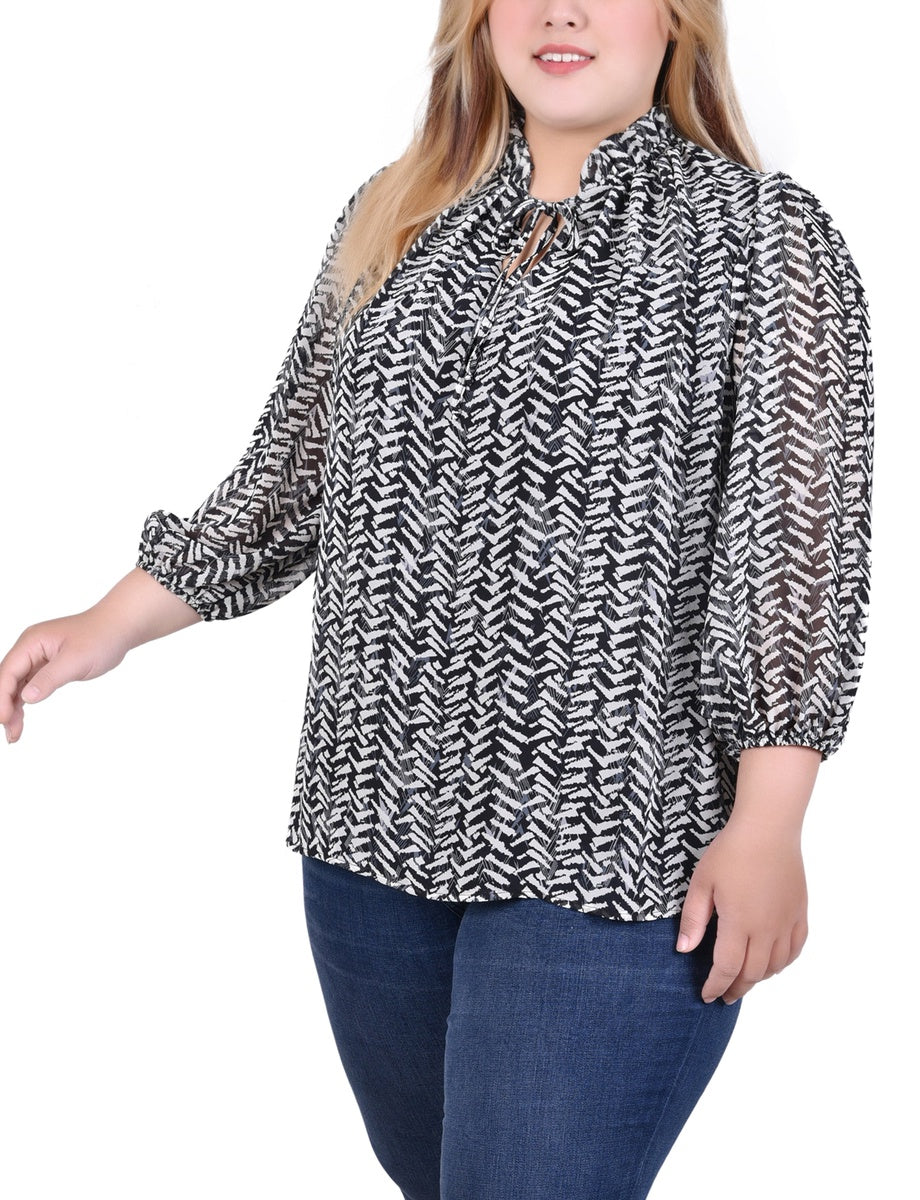  NY Collection Plus Size 3/4 Sleeve Chiffon Blouse - Black Lace Floral - Bonton