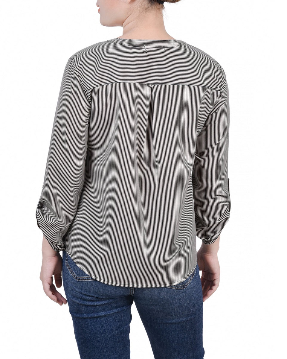  NY Collection Petite 3/4 Sleeve Roll Tab Y Neck Blouse - Black White Abstract - Bonton
