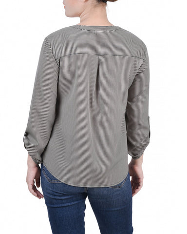 Petite 3/4 Sleeve Roll Tab Y Neck Blouse