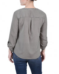 Petite 3/4 Sleeve Roll Tab Y Neck Blouse