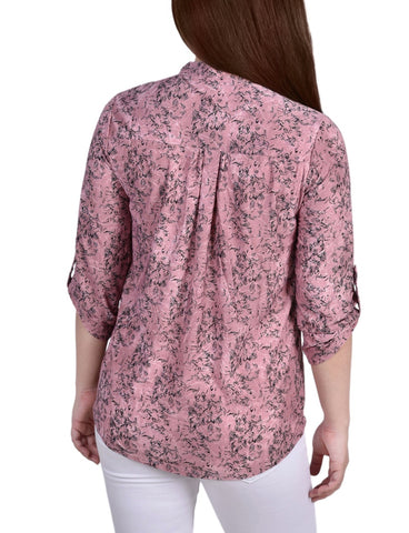 3/4 Roll Tab Sleeve Y Neck Top