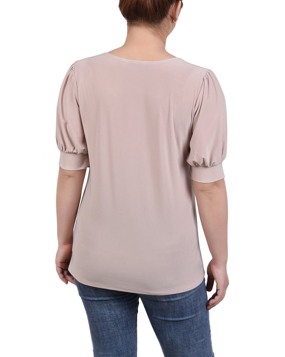  NY Collection Short Sleeve Balloon Sleeve Top With Hardware - Samoan Sun - Bonton
