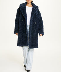 Notch Collar Curly Teddy Double Breasted Coat Sapphire