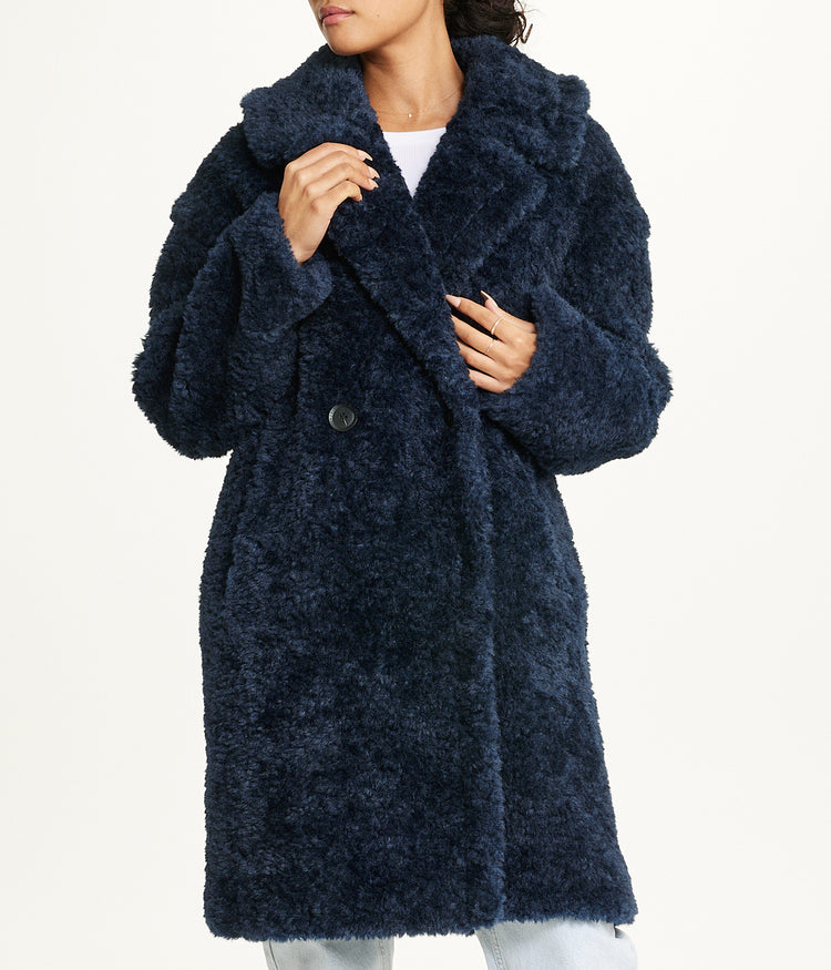 Notch Collar Curly Teddy Double Breasted Coat Sapphire