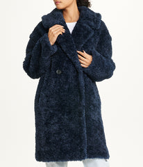 Notch Collar Curly Teddy Double Breasted Coat Sapphire