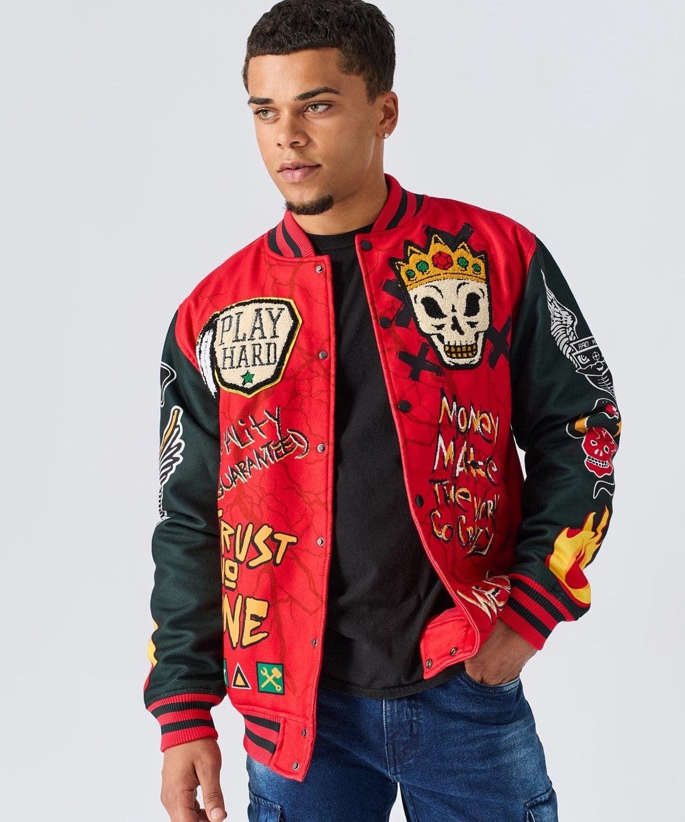  Reason Clothing Work Hard Chenille Patched Varsity Jacket - Red - RED - Bonton