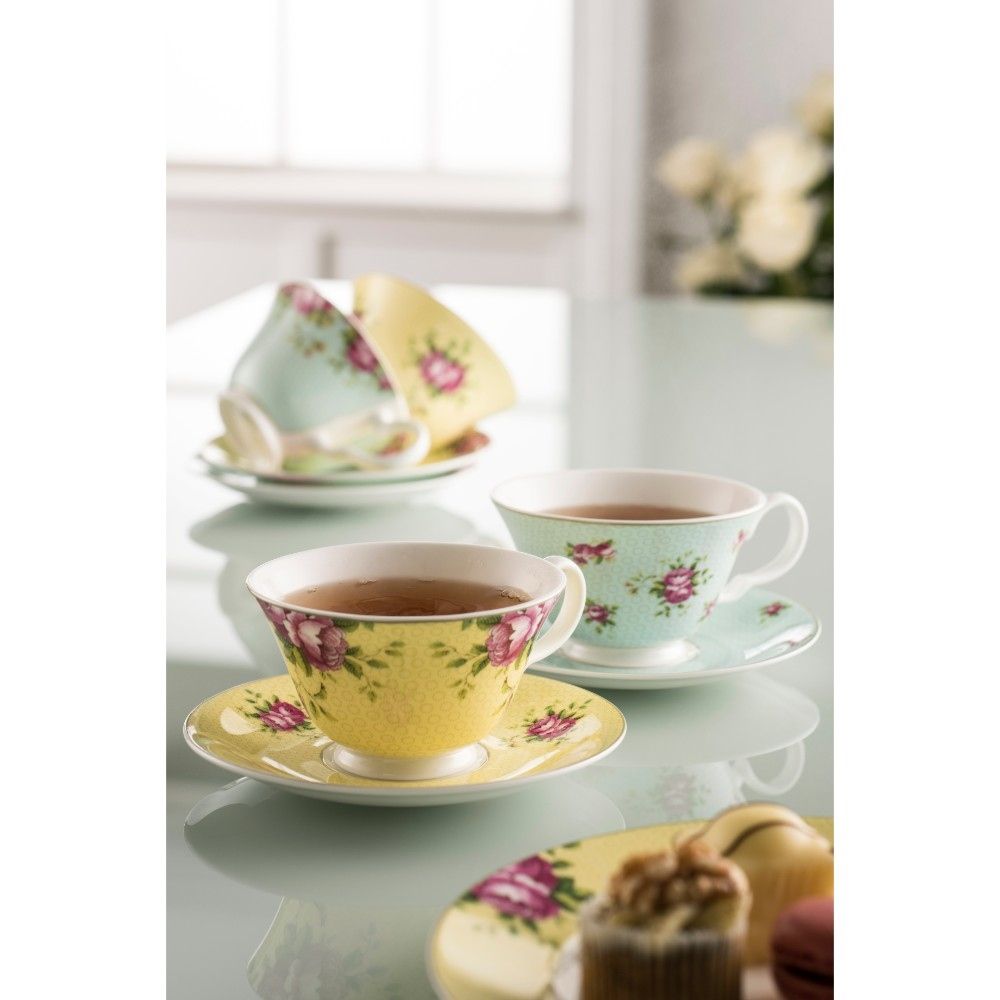  Aynsley China Archive Rose Teacup & Saucers Set of 4 - Multi - Bonton