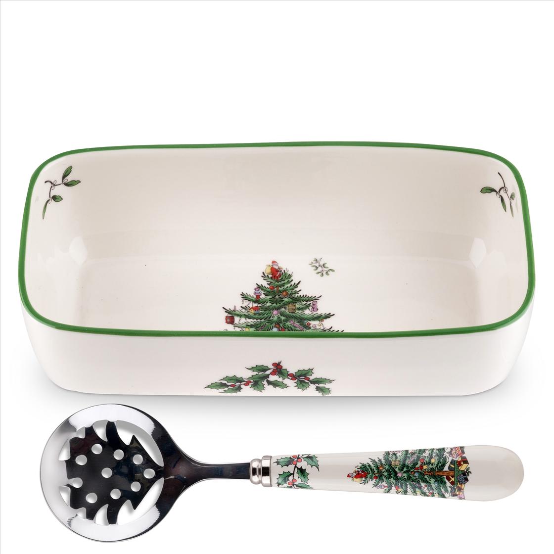  Spode Christmas Tree Cranberry Server with Slotted Spoon - White - Bonton