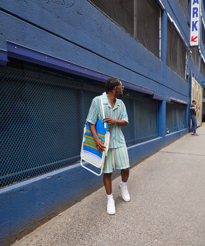 Textured Knit Short Sleeve Button Down Shirt - Light Blue