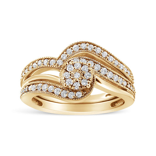 14K Yellow Gold Plated .925 Sterling Silver 1/3ct Cttw Multi-Diamond Bypass Vintage-Style Bridal Set Ring and Band (I-J Color, I3 Clarity) - Size 11