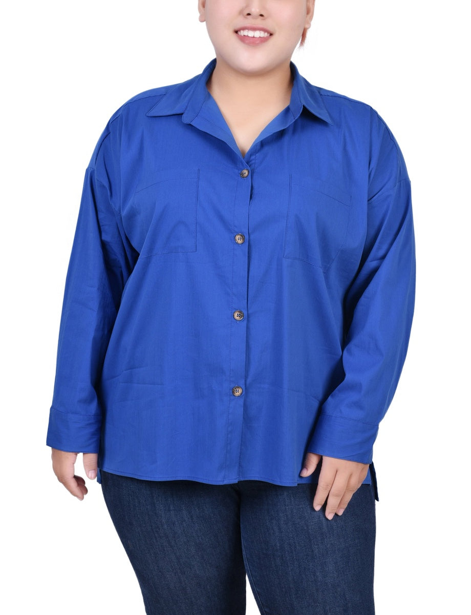  NY Collection Plus Size Long Sleeve Blouse With Chest Pockets - Electric Blue Lemonade - Bonton