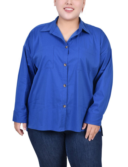 Plus Size Long Sleeve Blouse With Chest Pockets