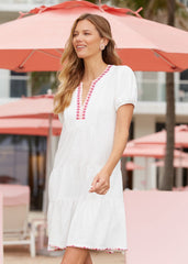 White Embroidered Short Sleeve Tiered Dress