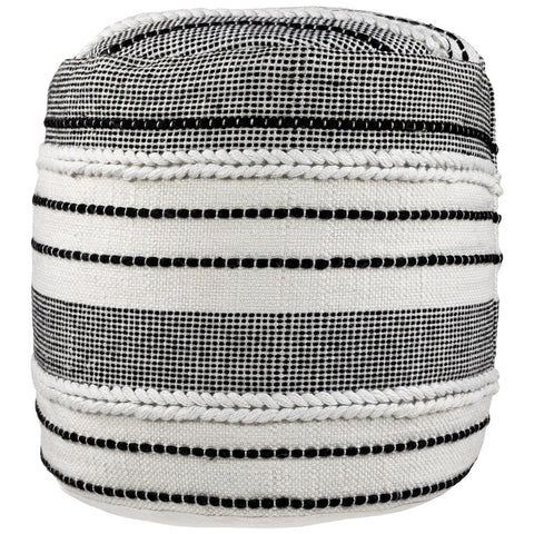 18" White and Black Striped Outdoor Woven Pouf Ottoman