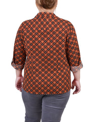 Plus Size 3/4 Sleeve Roll Tab Notch Collar Blouse