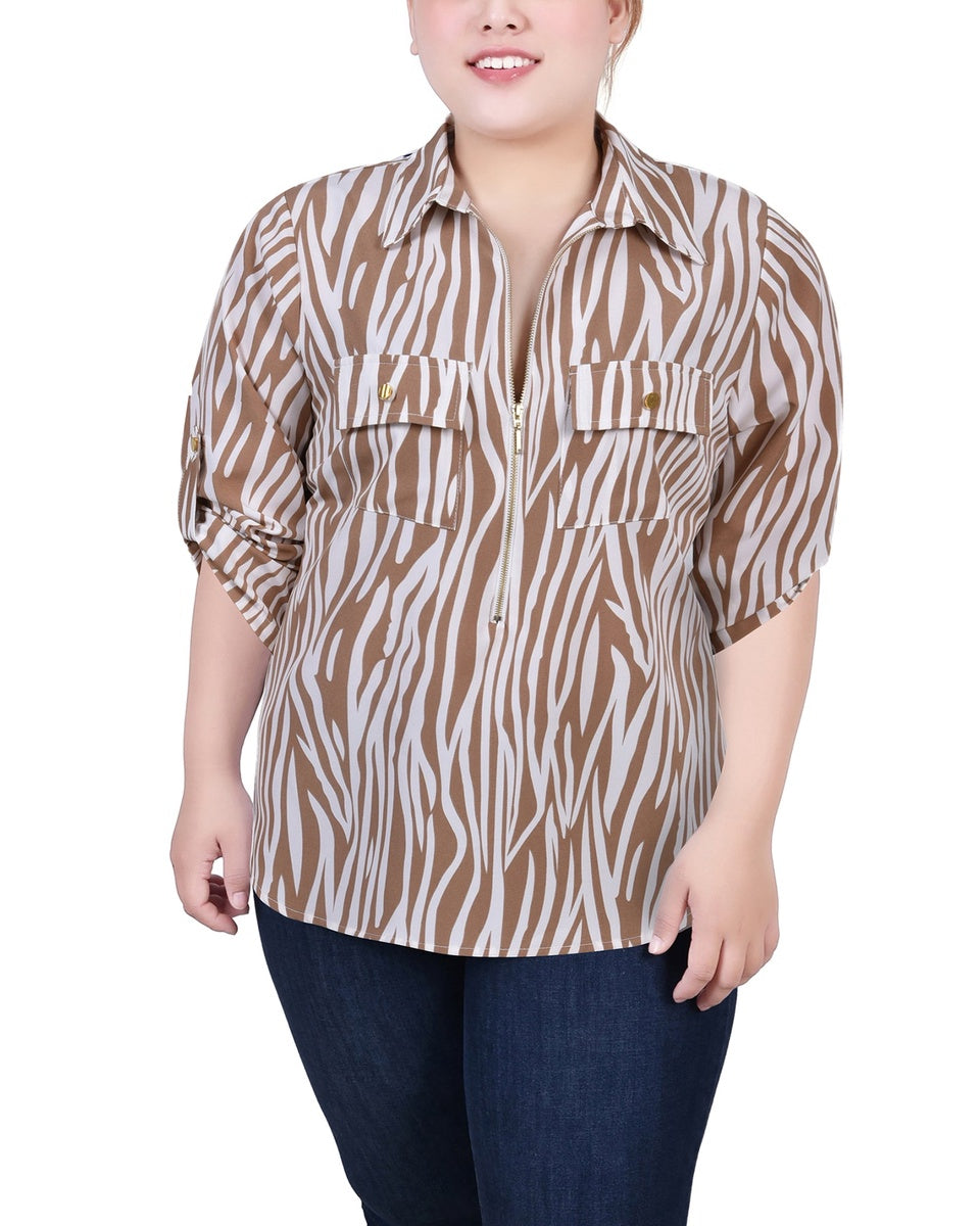  NY Collection Plus Size 3/4 Roll Tab Sleeve Zip Front Top - Antique White Animal - Bonton