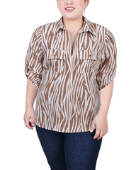 Plus Size 3/4 Roll Tab Sleeve Zip Front Top