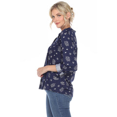 Women's Pleated Long Sleeve Leaf Print Blouse