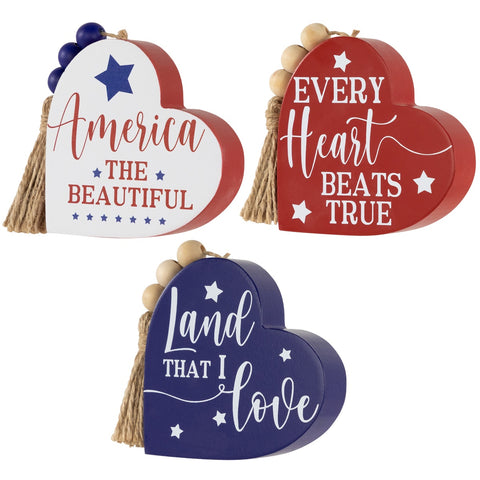 Patriotic Hearts With Beaded Tassels Wooden Signs - 3.75" - Set of 3