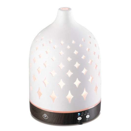 Supernova White Ceramic Ultrasonic Diffuser Dark Wood Base