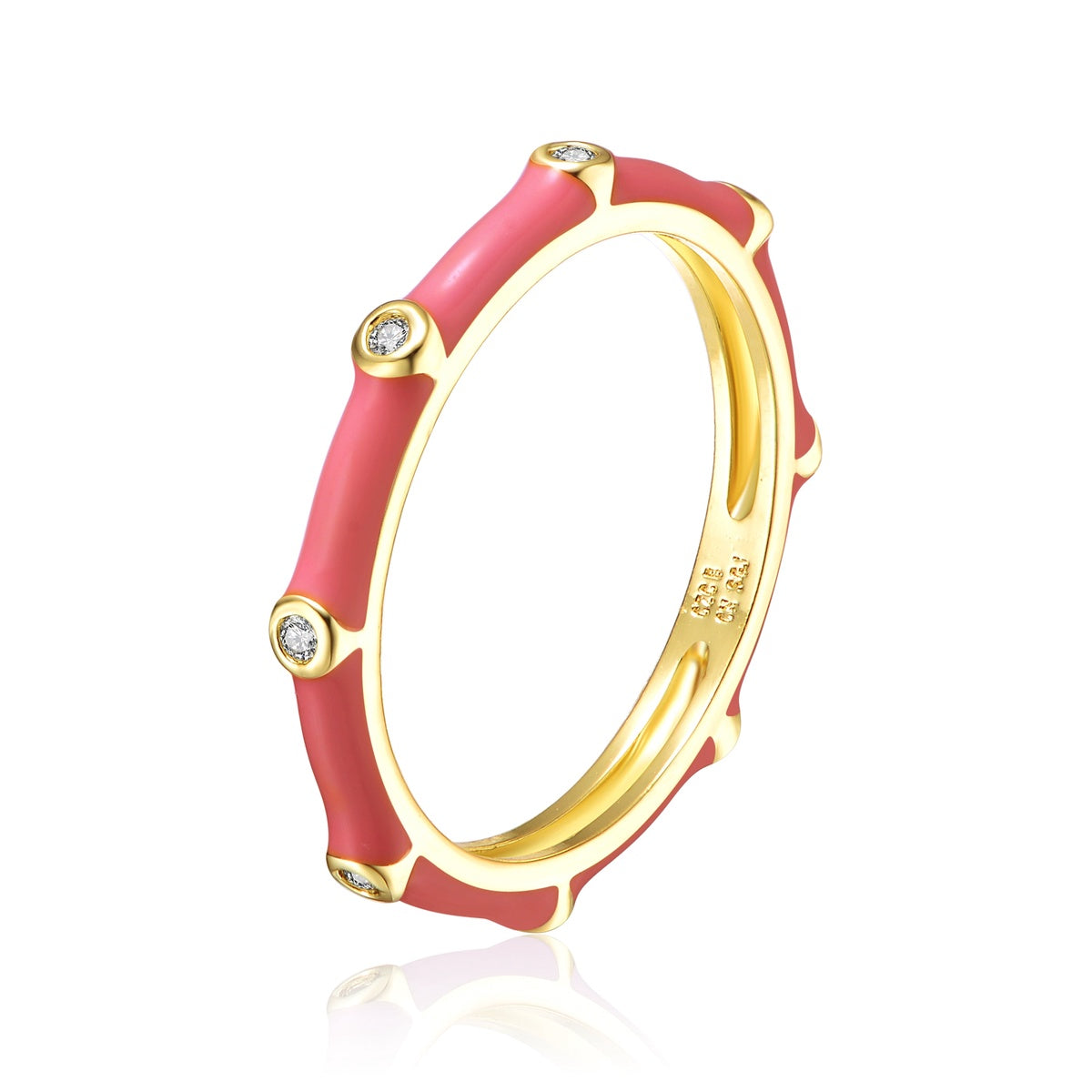  Rachel Glauber 14k Gold Plated With Clear Cubic Zirconia Colored Enamel Bamboo Kids/Teens Stacking Ring - Red Enamel - Bonton