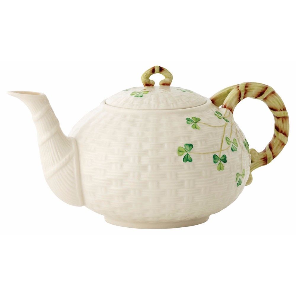  Belleek Pottery Irish Shamrock Teapot - Ivory/Green - Bonton