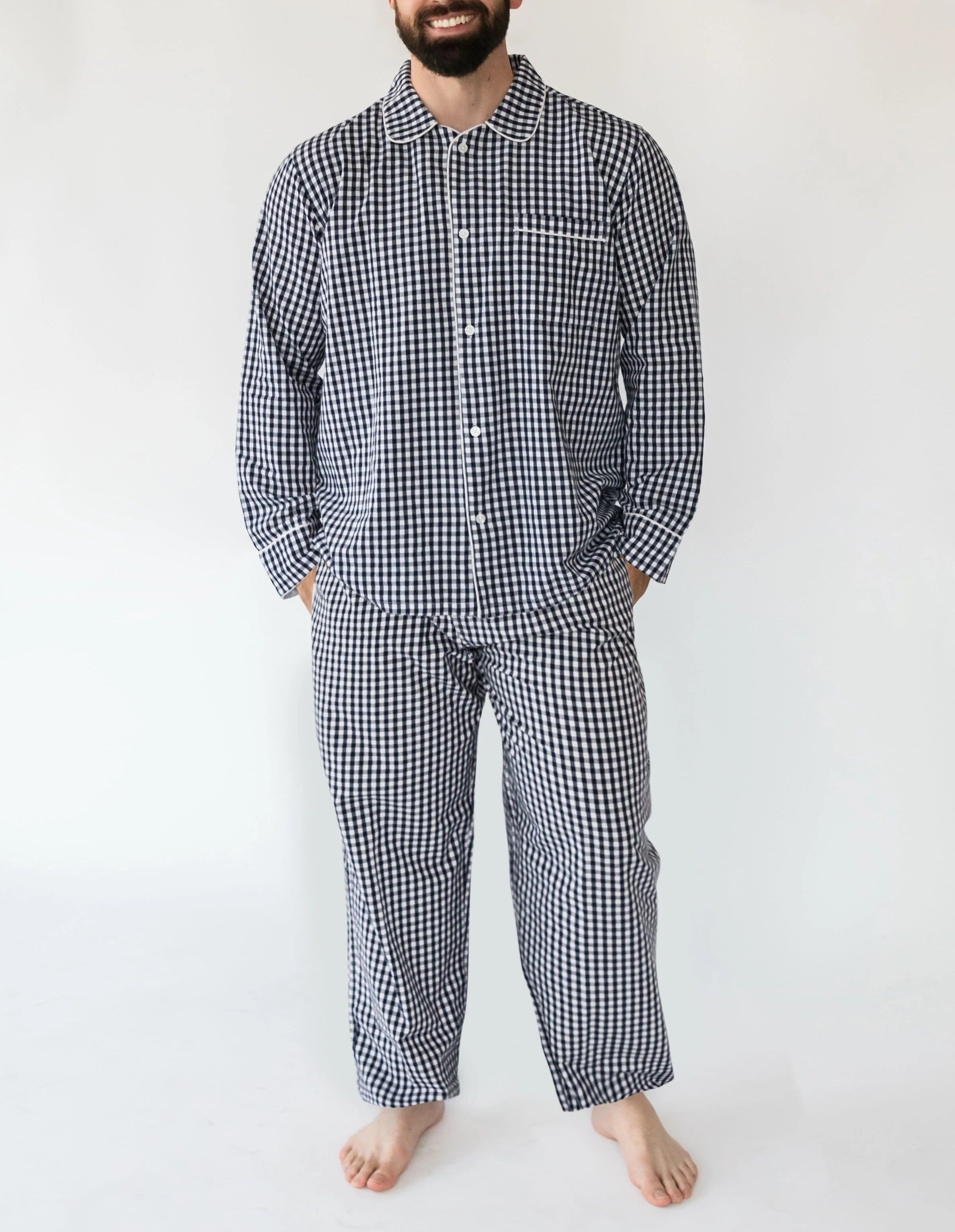  Alto Modas Matthew Navy Gingham Menâ€™s Long Sleeve Shirt & Pajama Set - Navy Gingham - Bonton