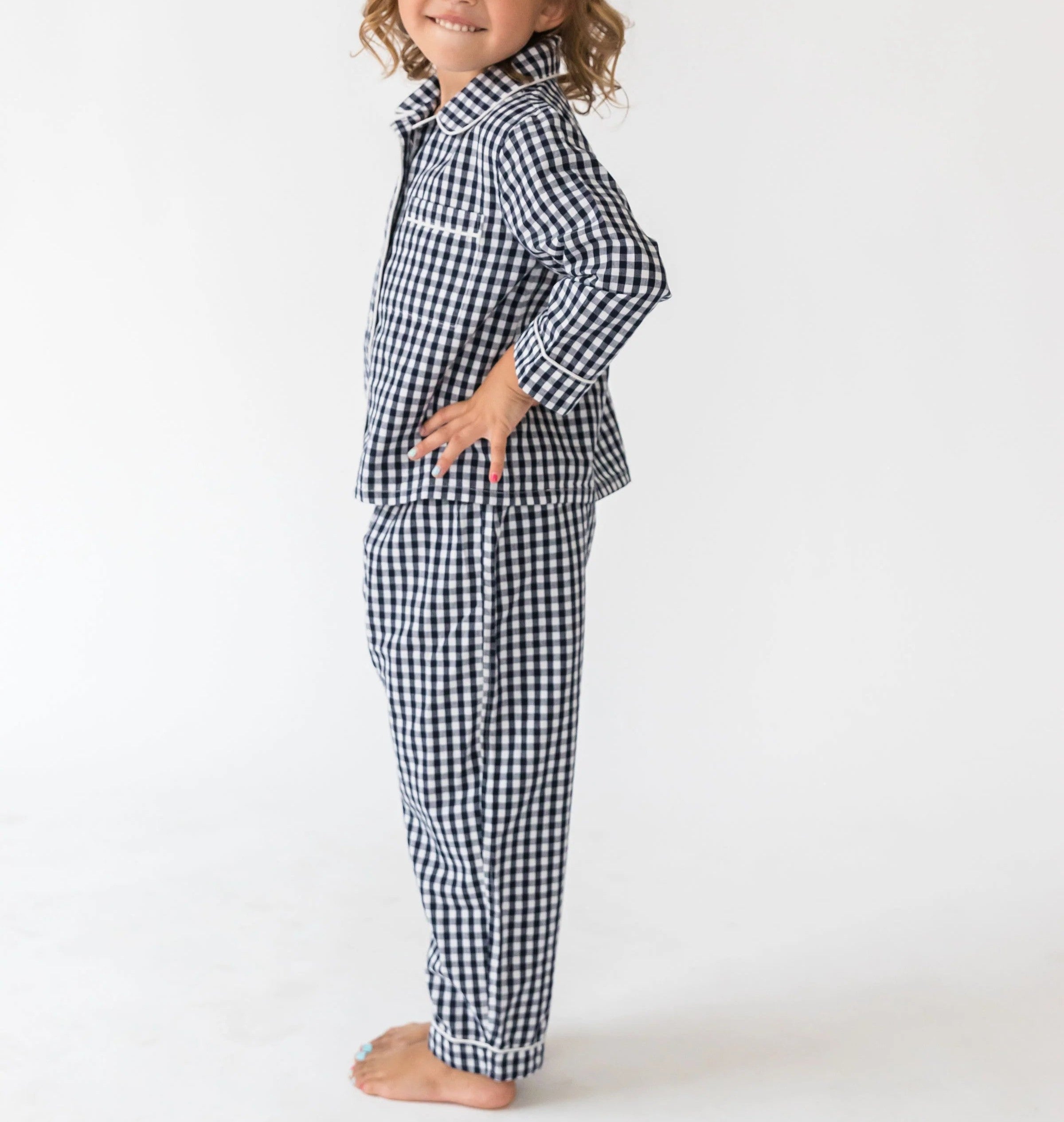  Alto Modas Kidâ€™s Navy Gingham Long Sleeve Shirt & Pant Lounge Set - Navy Gingham - Bonton