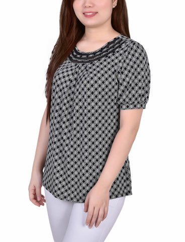Petite Short Puff Sleeve Mesh Inset Top