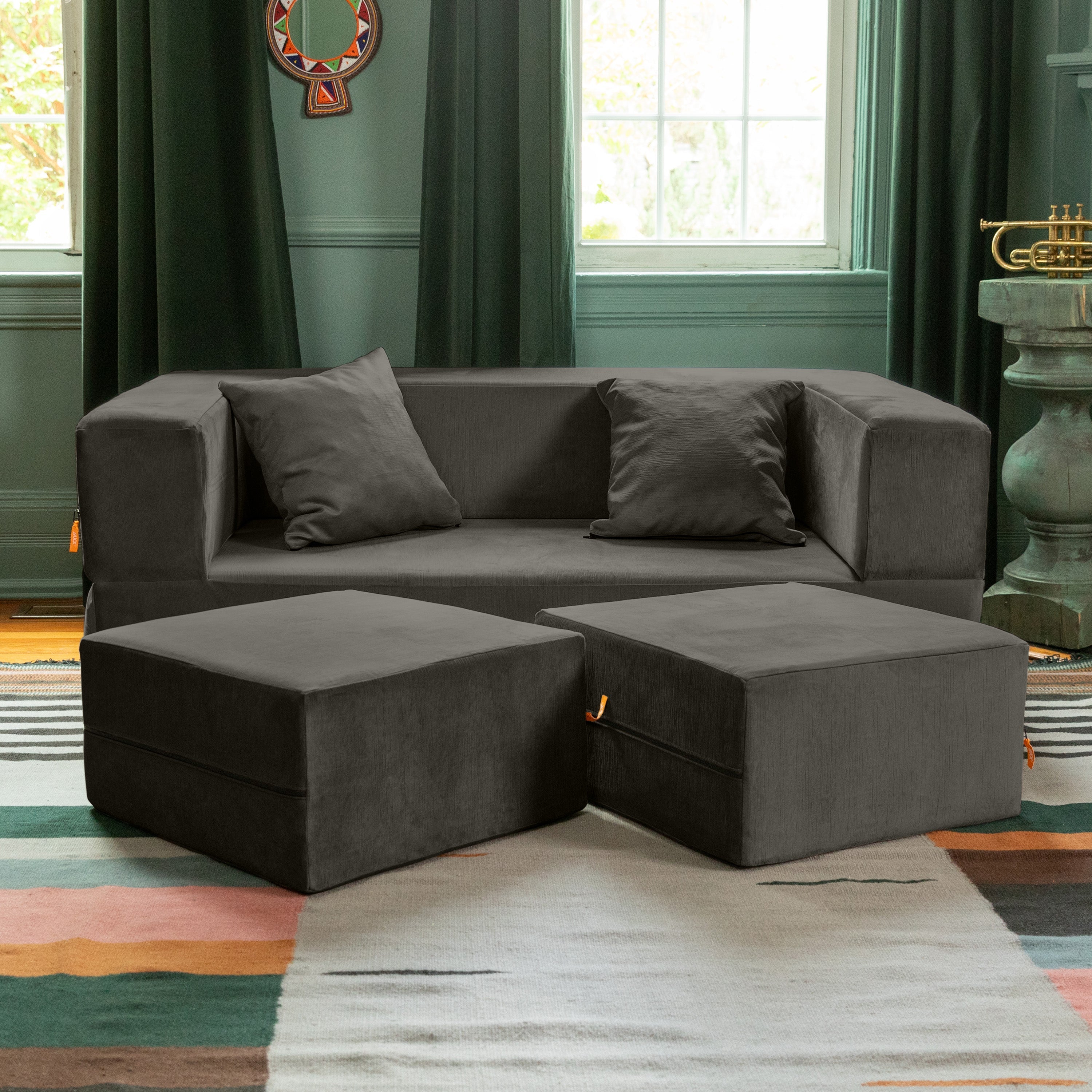  Jaxx Zipline Convertible Sleeper Loveseat & Ottomans - Charcoal - Bonton