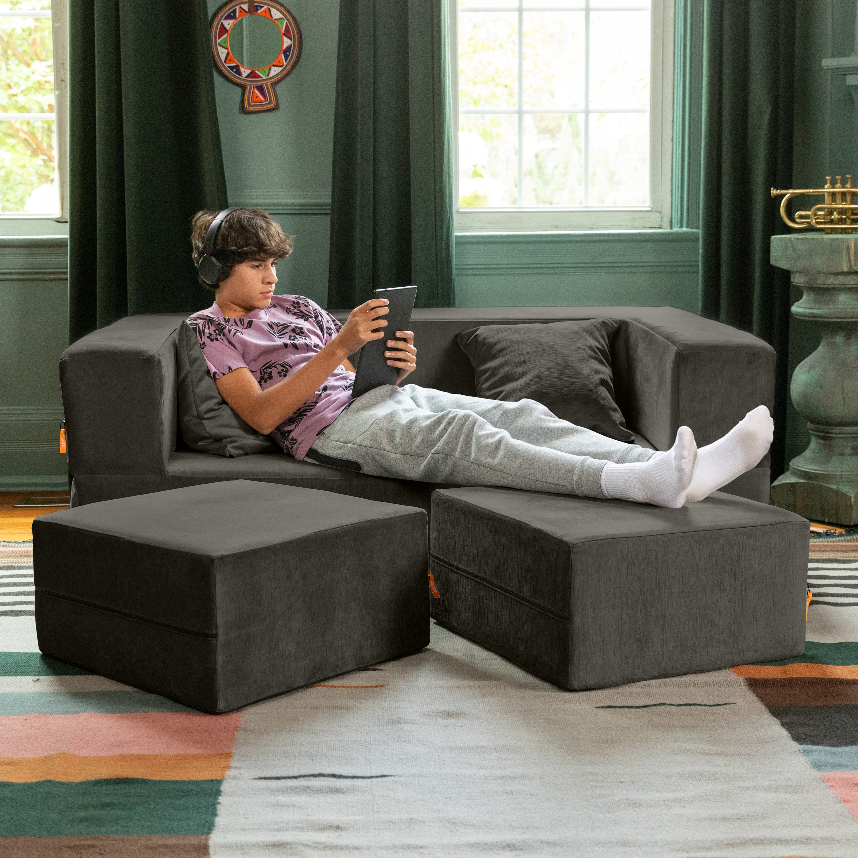  Jaxx Zipline Convertible Sleeper Loveseat & Ottomans - Charcoal - Bonton