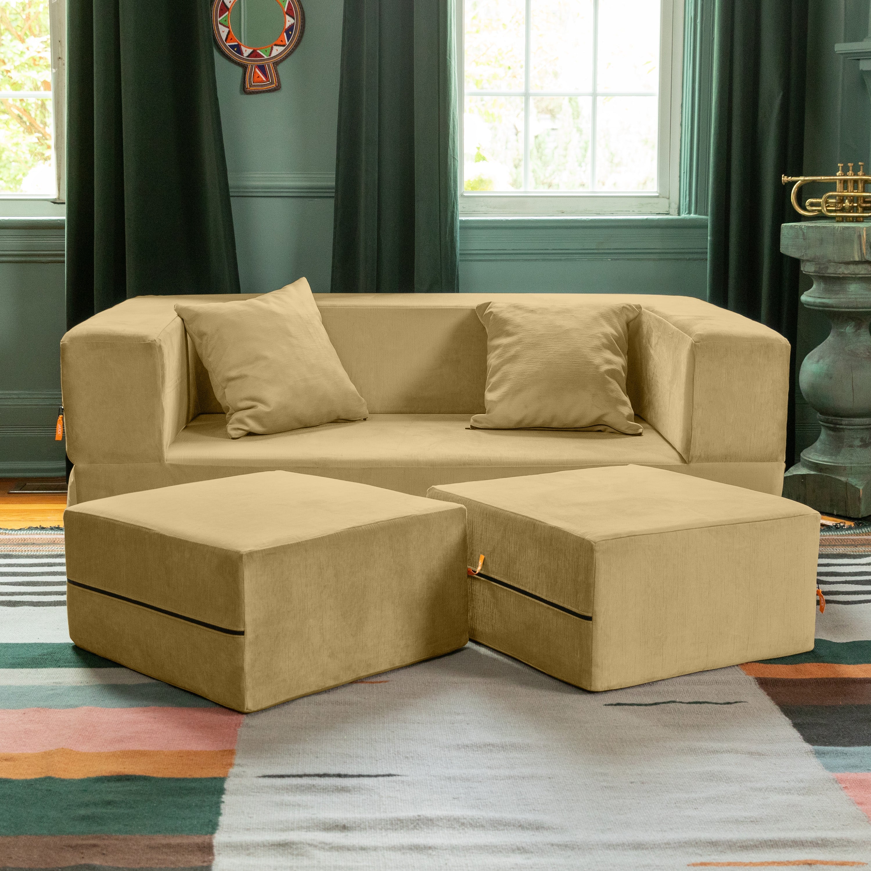  Jaxx Zipline Convertible Sleeper Loveseat & Ottomans - Camel - Bonton