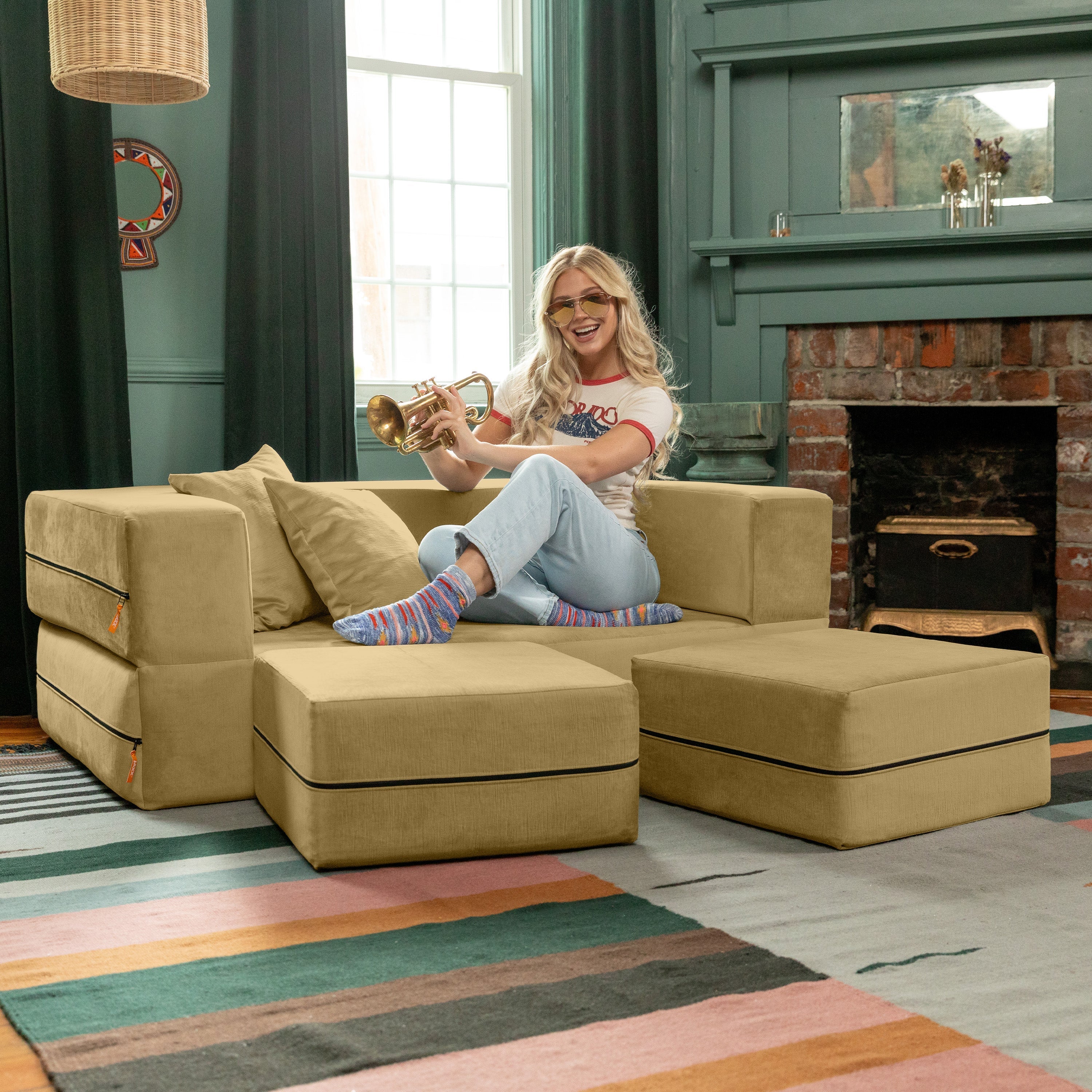  Jaxx Zipline Convertible Sleeper Loveseat & Ottomans - Camel - Bonton