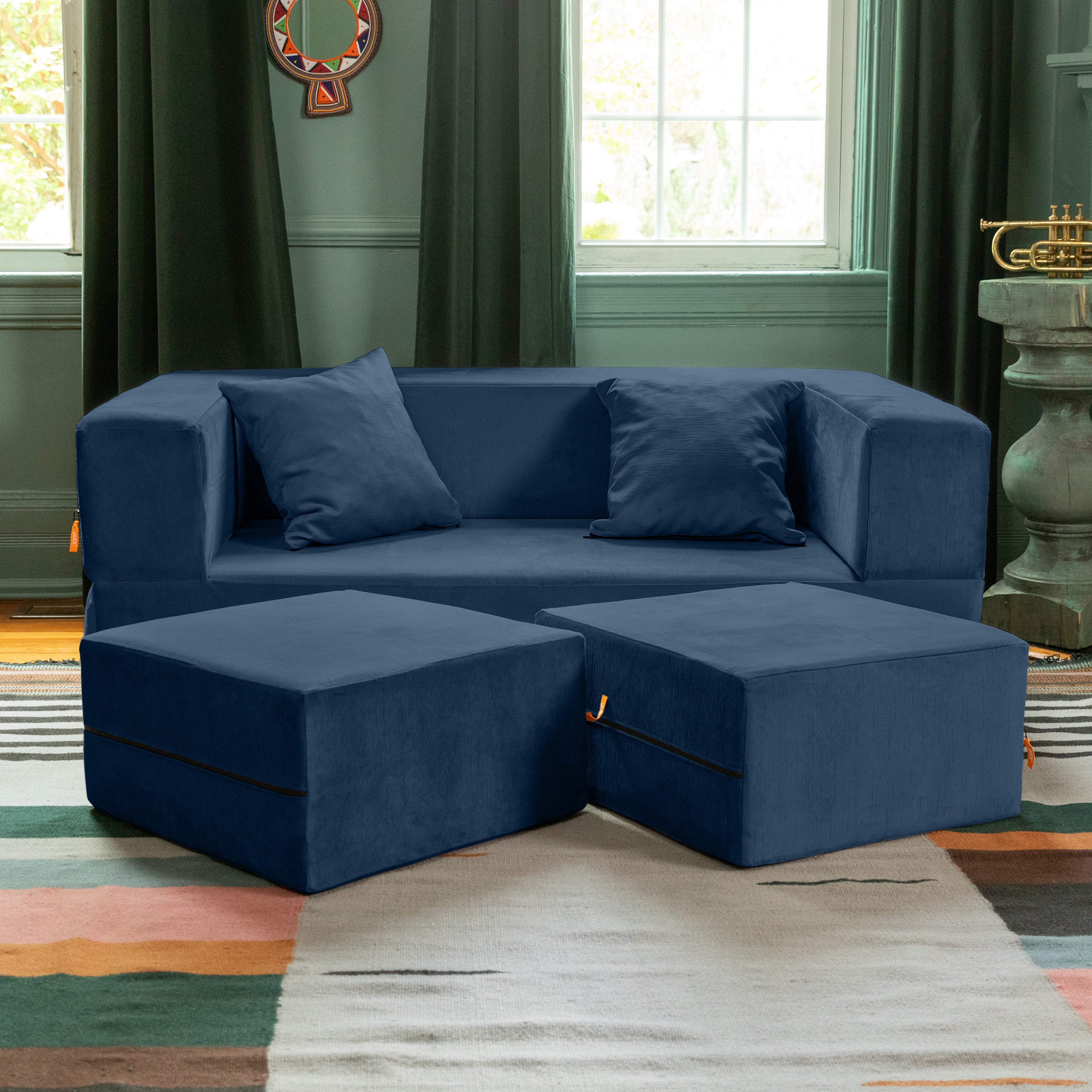  Jaxx Zipline Convertible Sleeper Loveseat & Ottomans - Indigo - Bonton