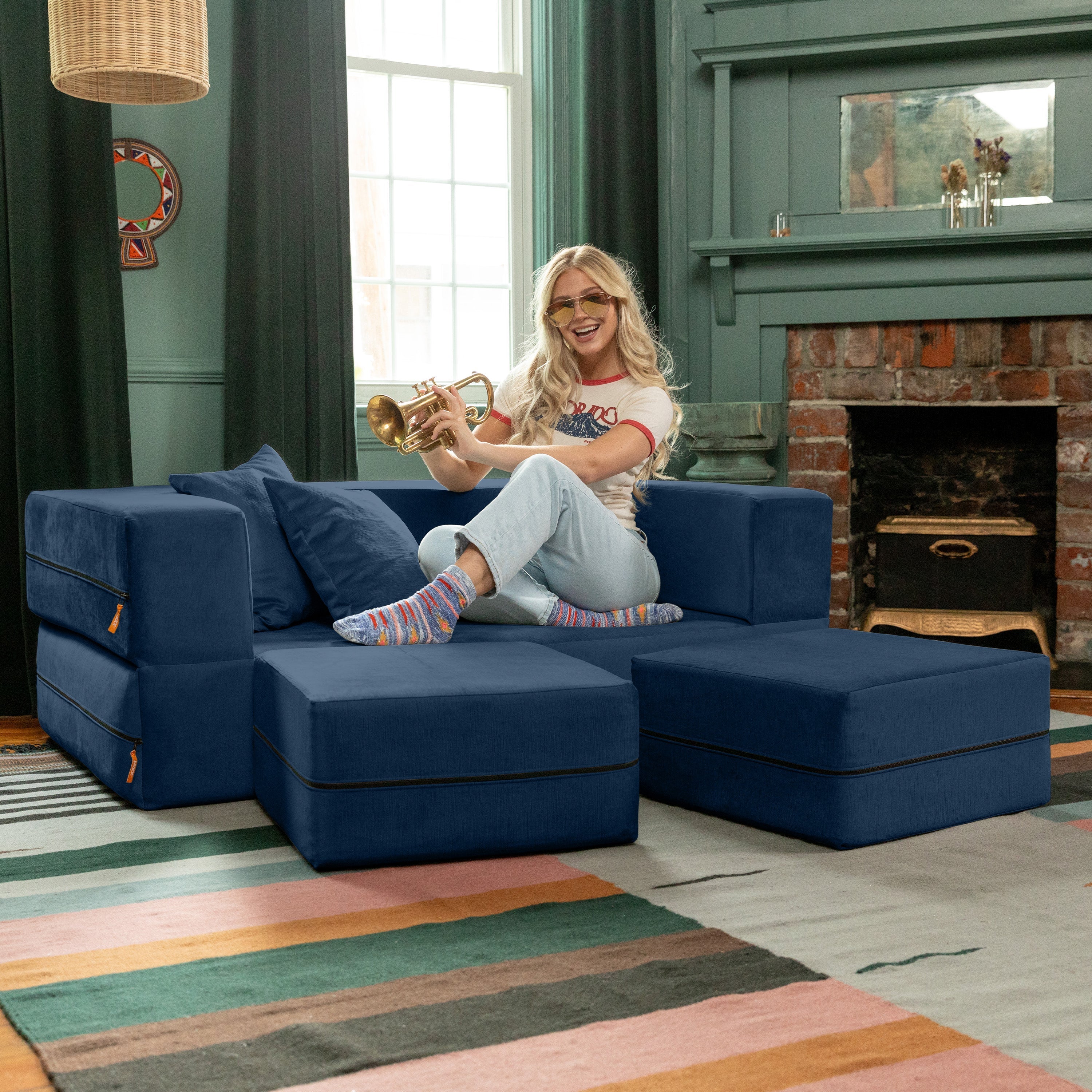  Jaxx Zipline Convertible Sleeper Loveseat & Ottomans - Indigo - Bonton