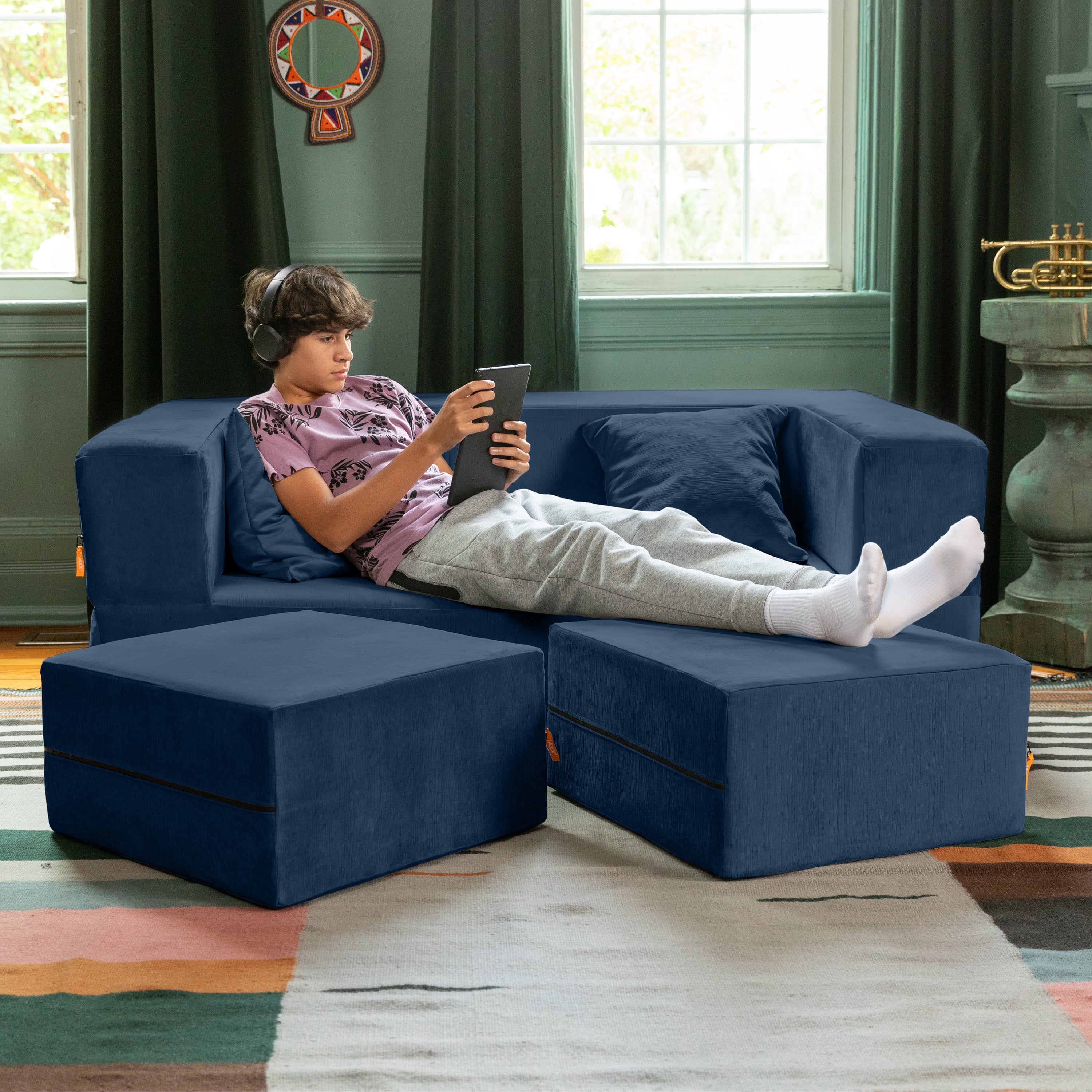  Jaxx Zipline Convertible Sleeper Loveseat & Ottomans - Indigo - Bonton