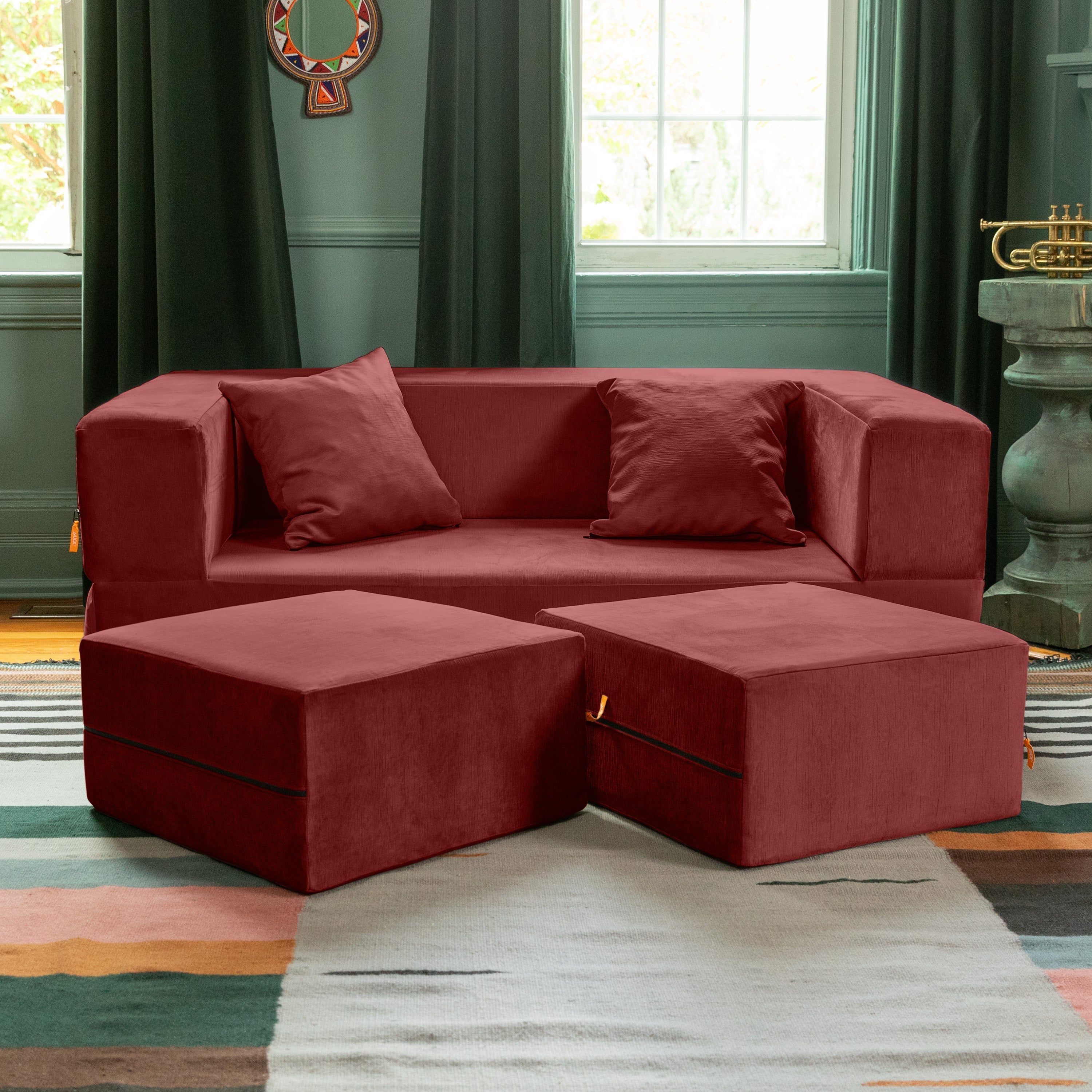  Jaxx Zipline Convertible Sleeper Loveseat & Ottomans - Berry Red - Bonton