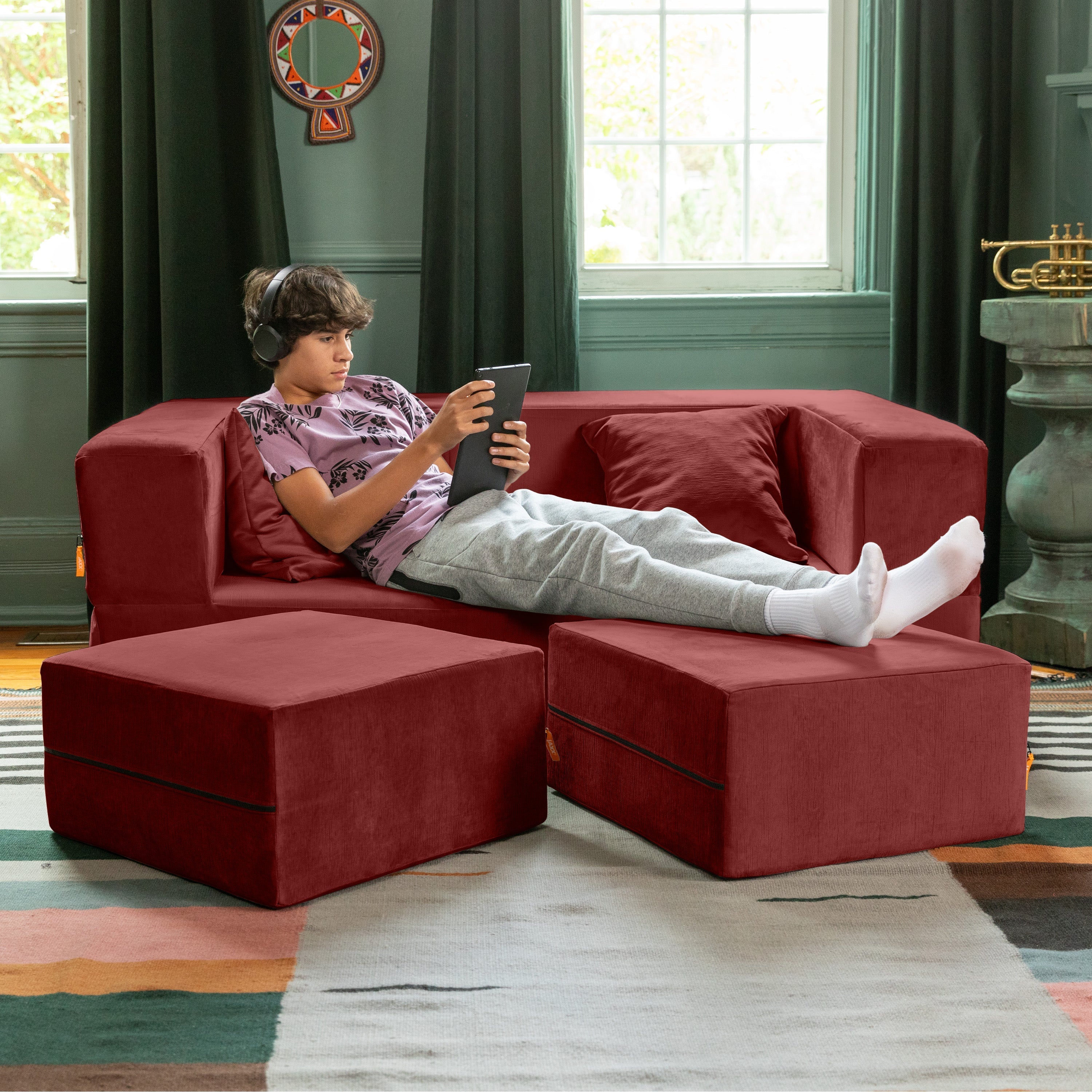  Jaxx Zipline Convertible Sleeper Loveseat & Ottomans - Berry Red - Bonton