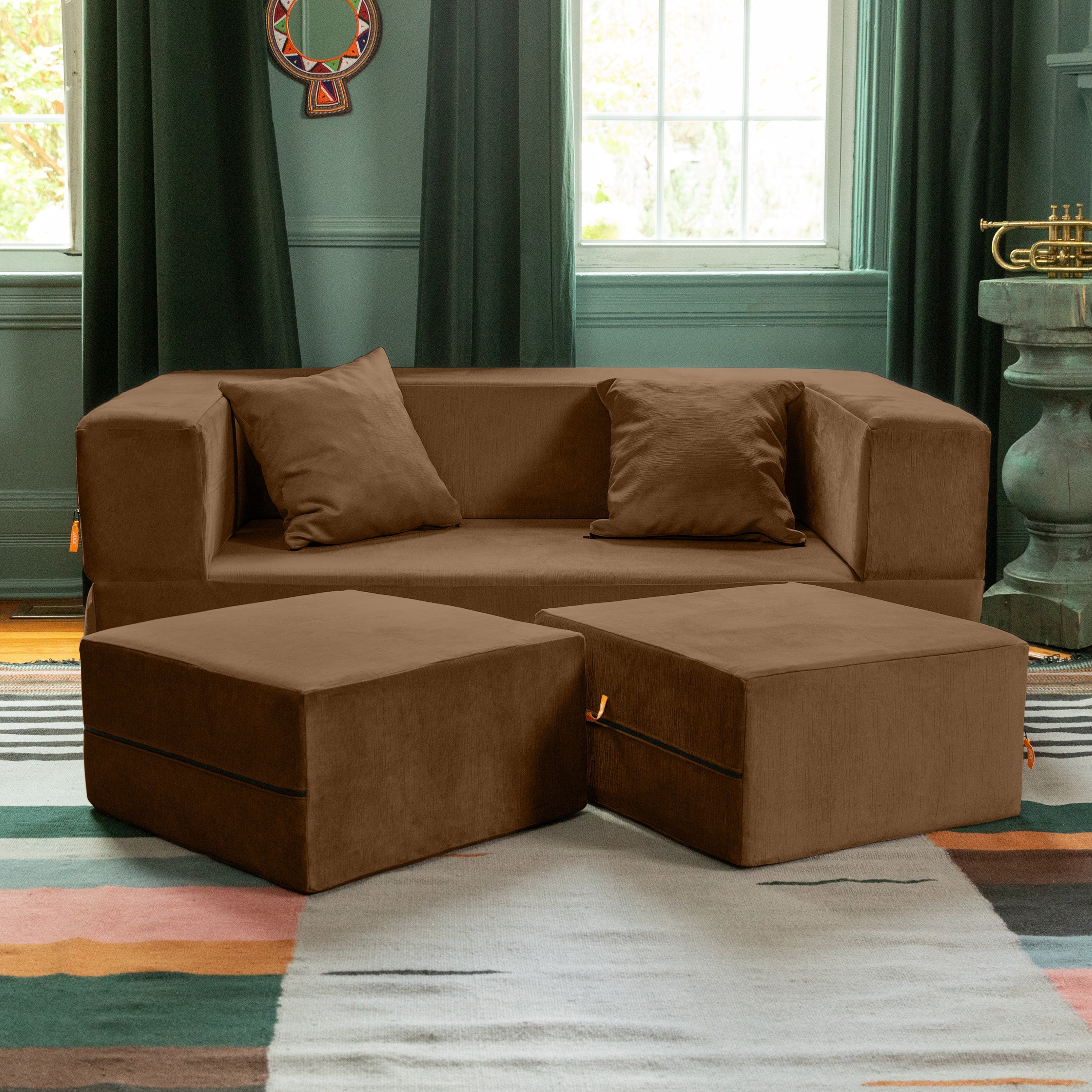  Jaxx Zipline Convertible Sleeper Loveseat & Ottomans - Toffee - Bonton