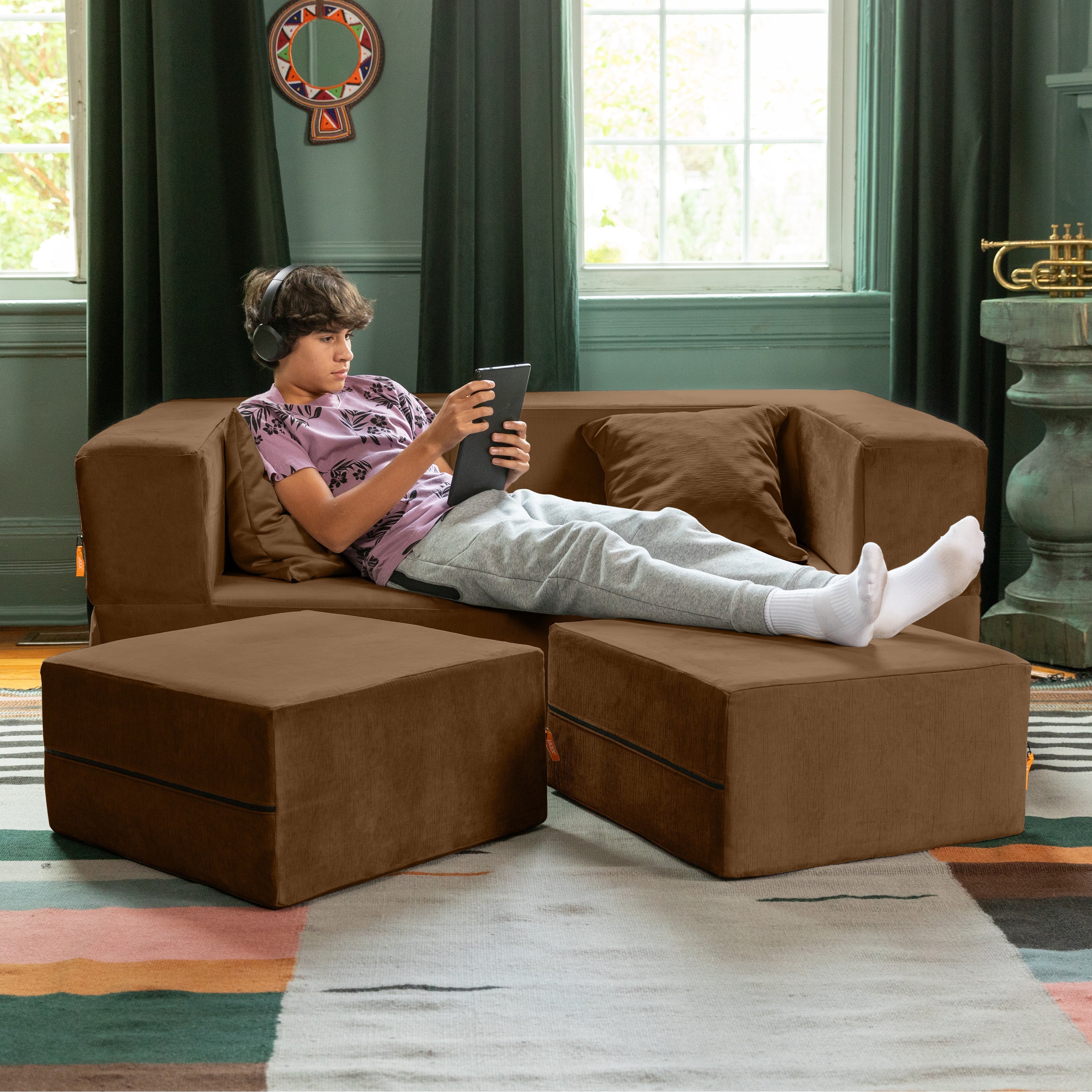  Jaxx Zipline Convertible Sleeper Loveseat & Ottomans - Toffee - Bonton