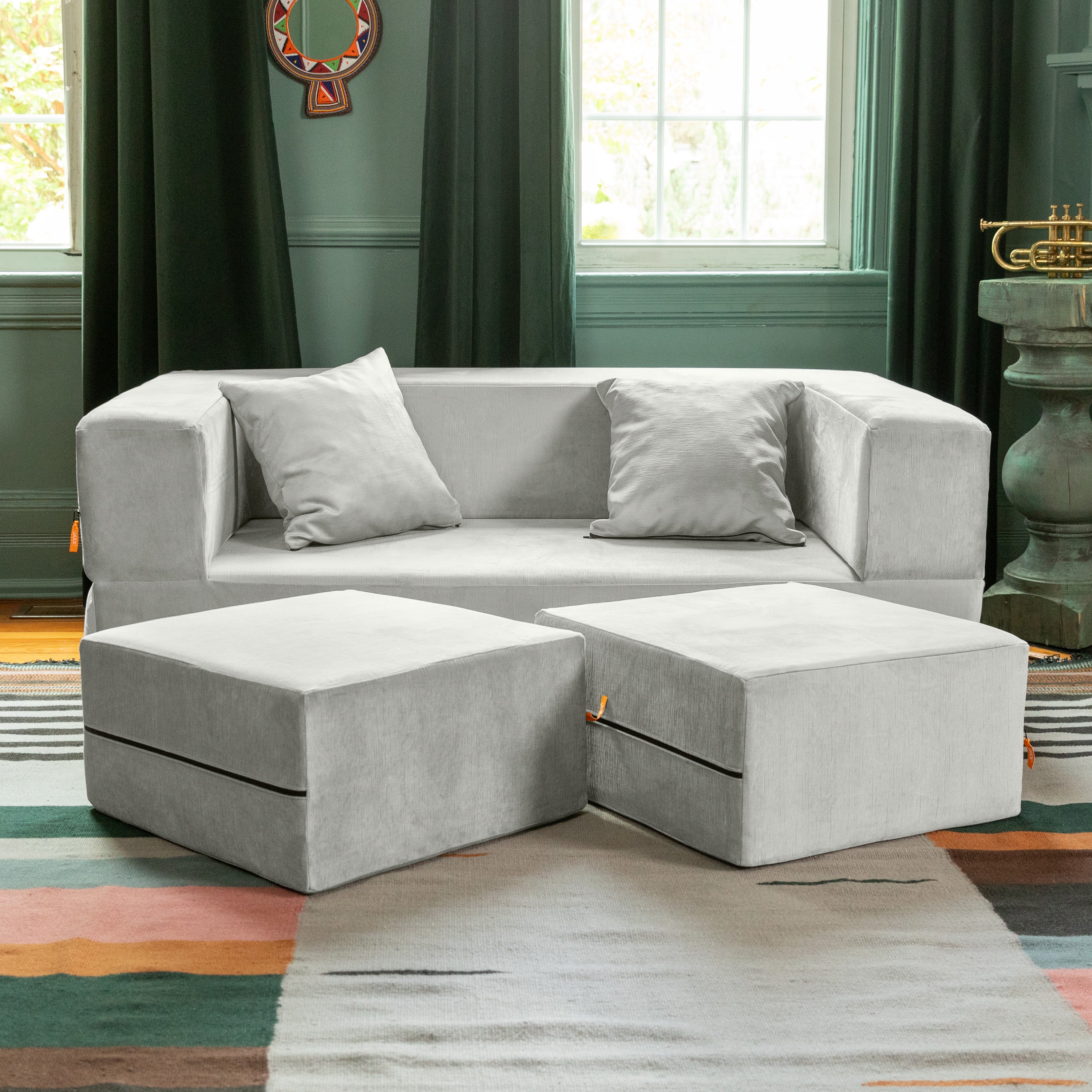  Jaxx Zipline Convertible Sleeper Loveseat & Ottomans - Ice - Bonton