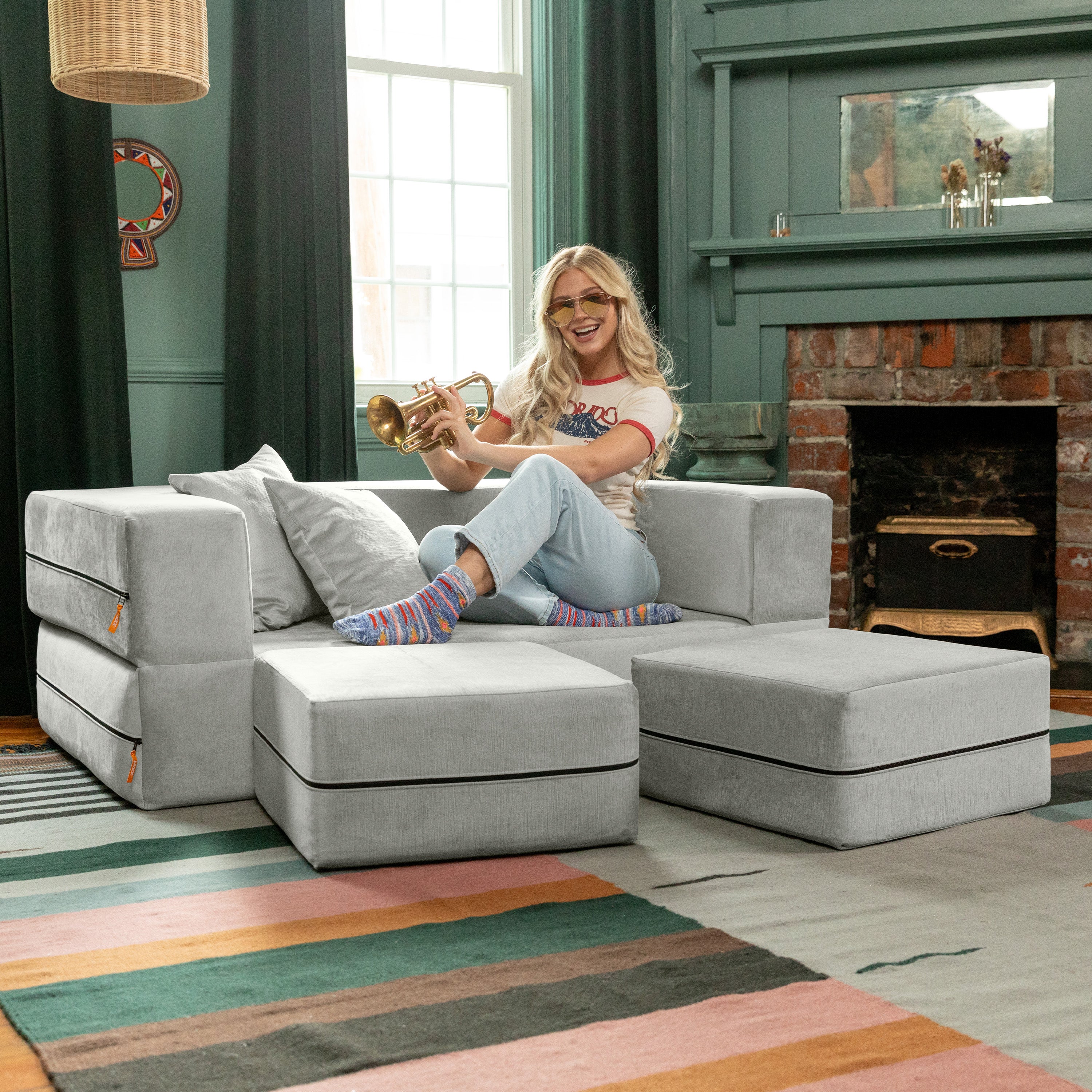  Jaxx Zipline Convertible Sleeper Loveseat & Ottomans - Ice - Bonton