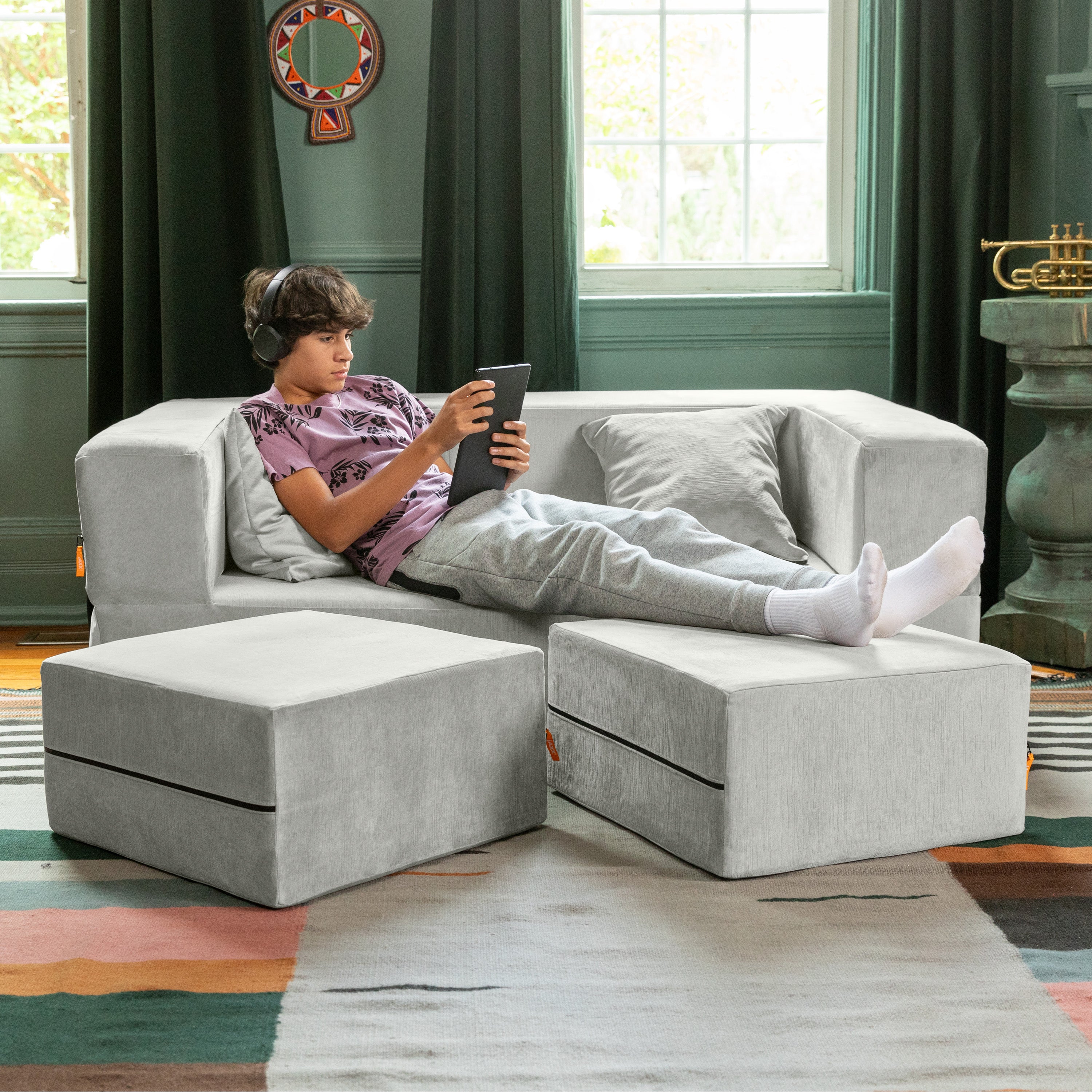  Jaxx Zipline Convertible Sleeper Loveseat & Ottomans - Ice - Bonton