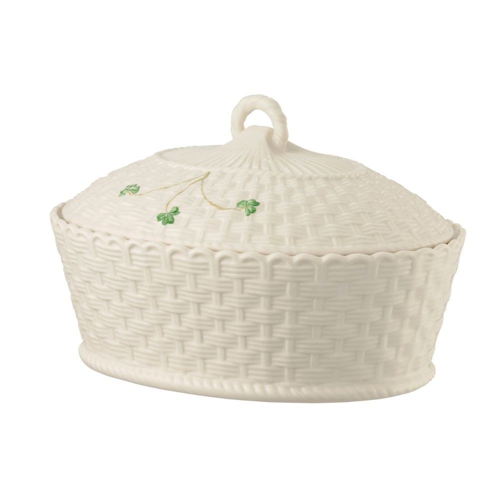  Belleek Pottery Irish Shamrock Oval Dish - Ivory/Green - Bonton