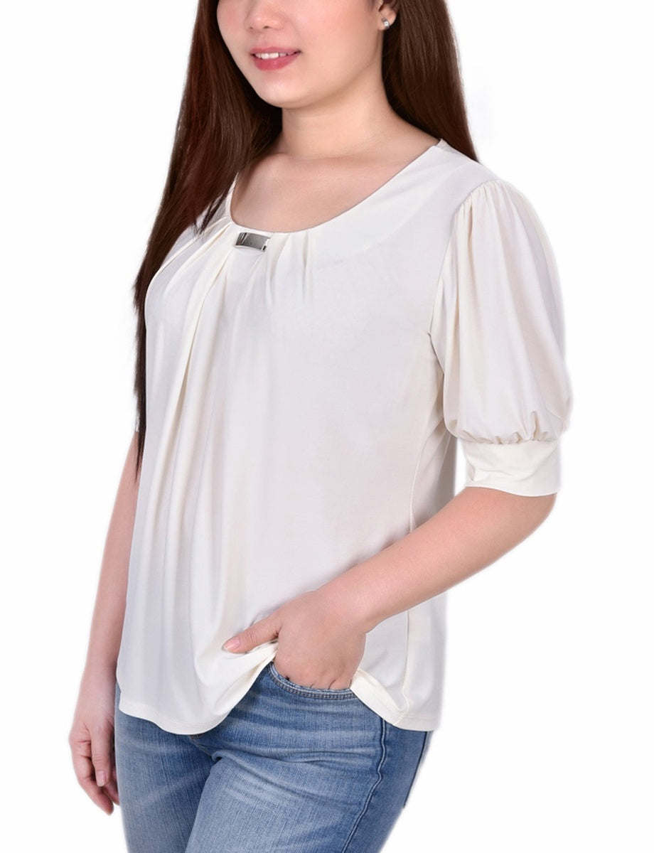  NY Collection Short Sleeve Balloon Sleeve Top With Hardware - Samoan Sun - Bonton