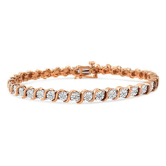 14K Rose Gold Plated .925 Sterling Silver 1/10 Cttw Diamond Round Miracle Plate And "S" Link Tennis Bracelet (I-J Color, I2- I3 Clarity) - 7"